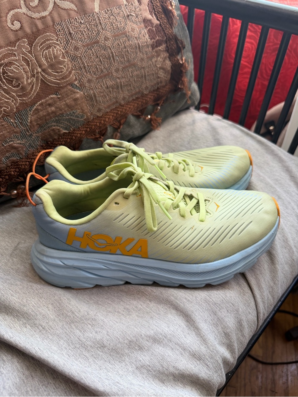 Hoka Neon Yellow and Light Blue Running Sneakers with Orange Accents